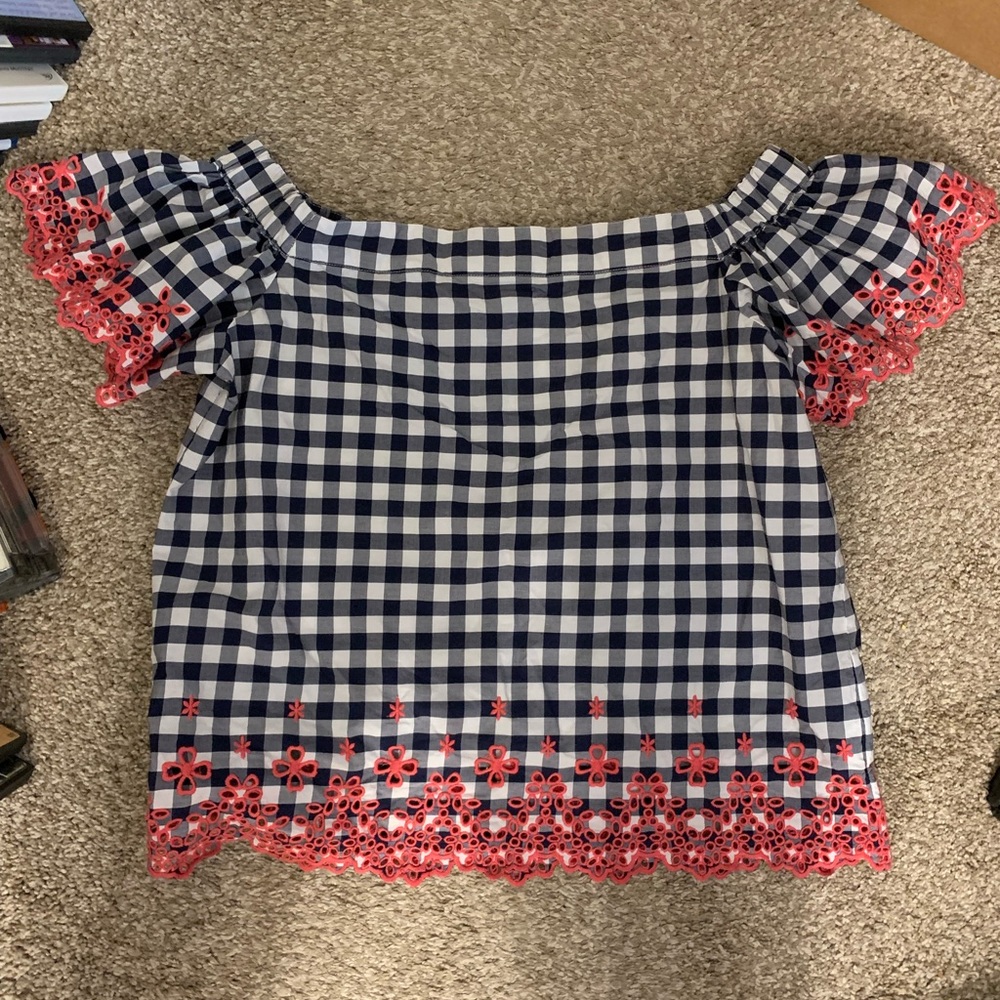 Draper James Embroidered Gingham Off Shoulder Top